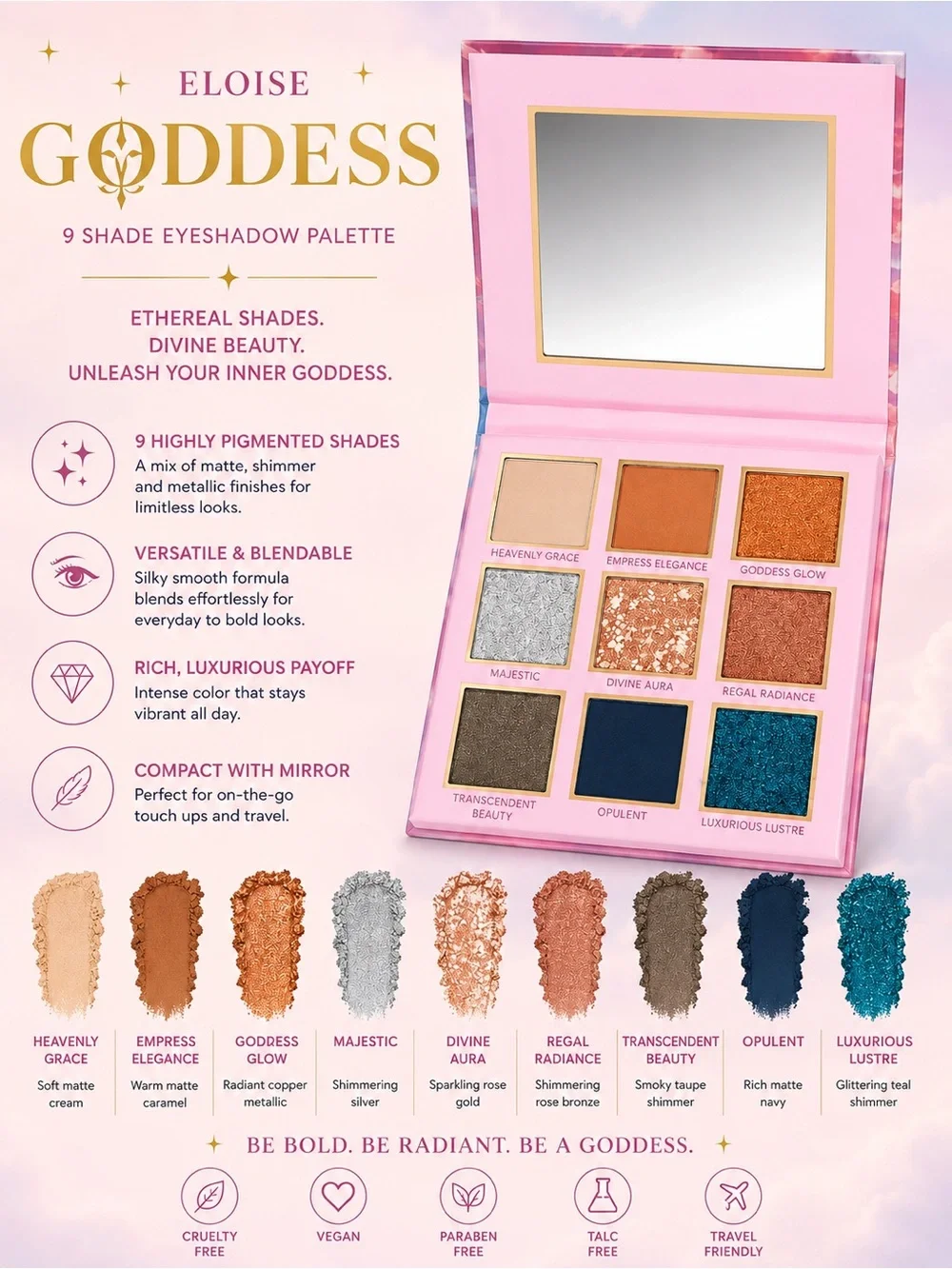 Eloise Beauty Goddess Eyeshadow Palette 9 Shade NIB Matte Shimmer Metallic